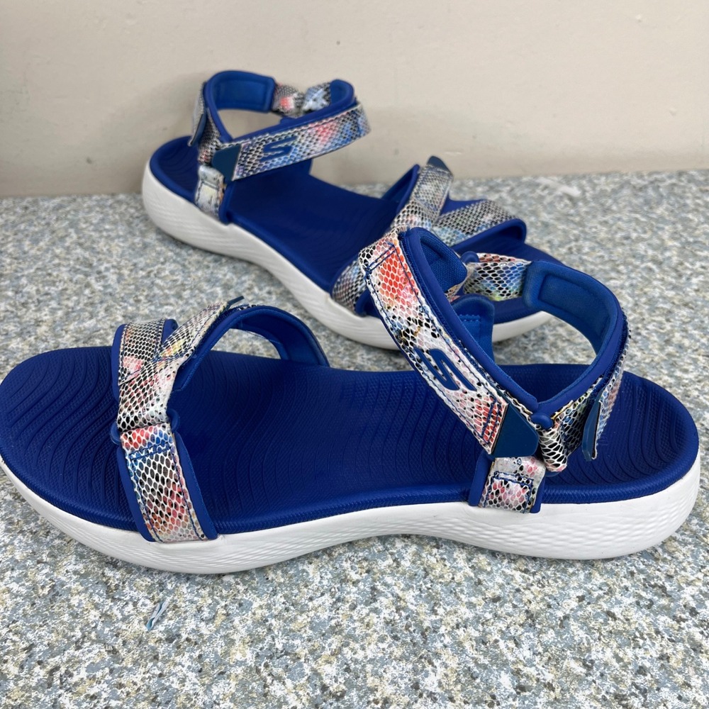 Skechers Sandals On-the-Go 600 Womens 12 Blue Snakeskin Strappy 17018 Goga Mat